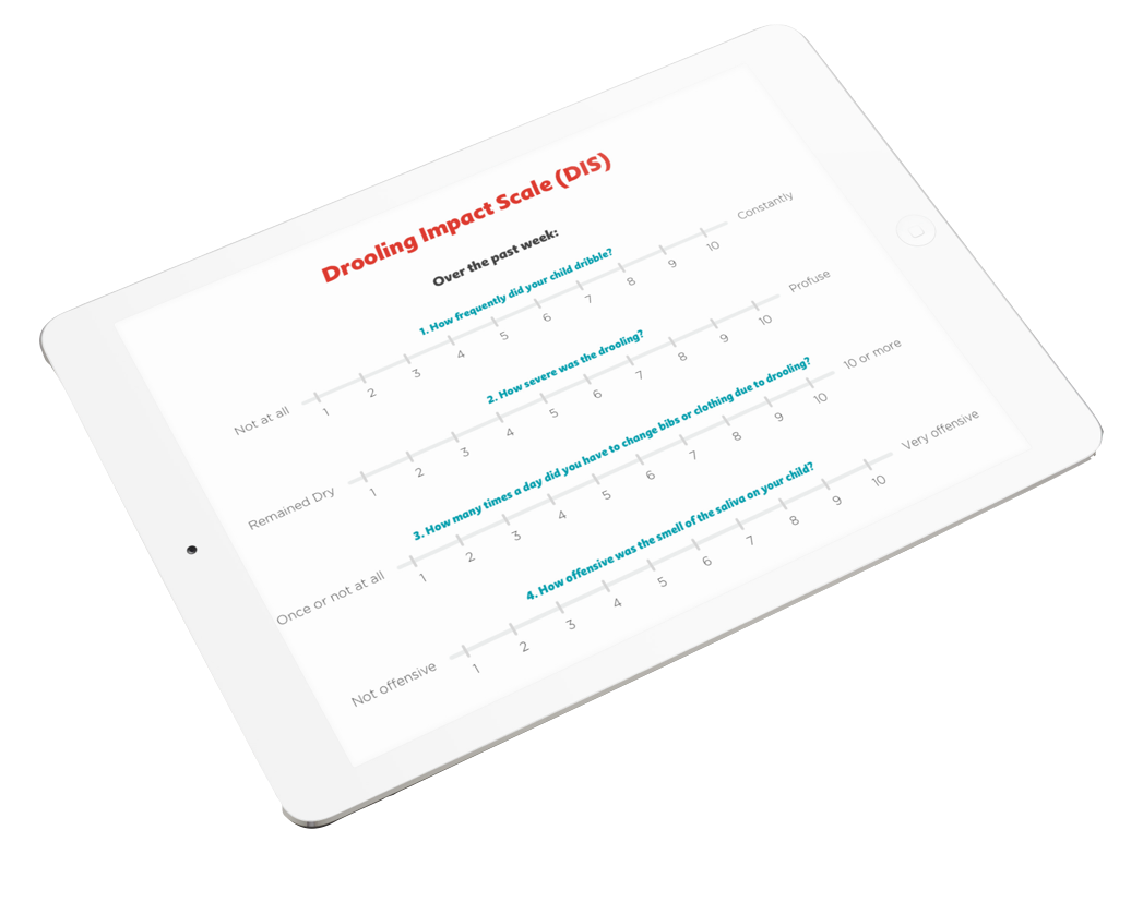 Drooling impact scale visualised on a cartoon ipad