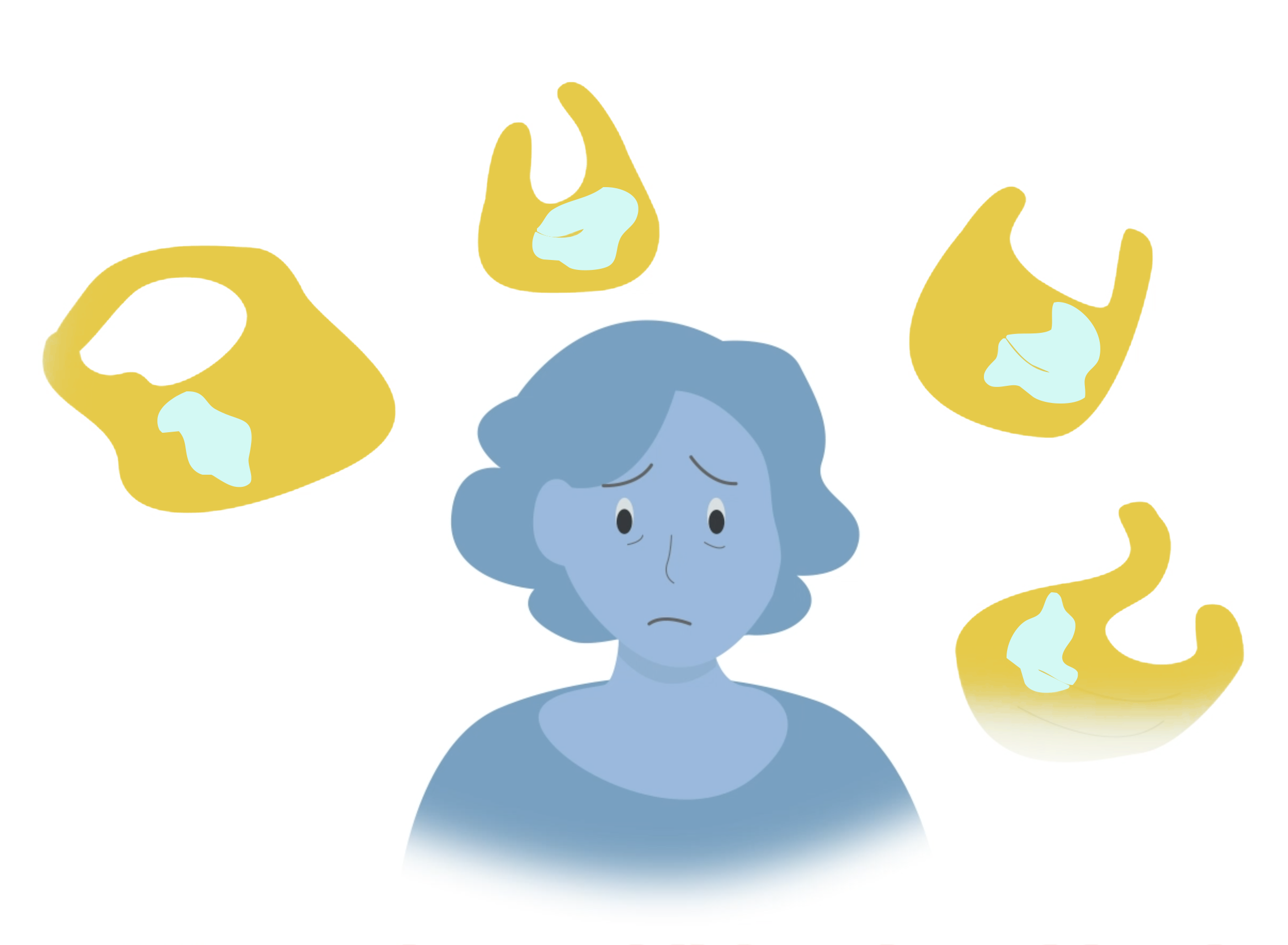 cartoon depicting a mother surrounded by four bibs covered in saliva