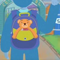 cartoon drooling teddy bear in child's backpack as the child walks into school