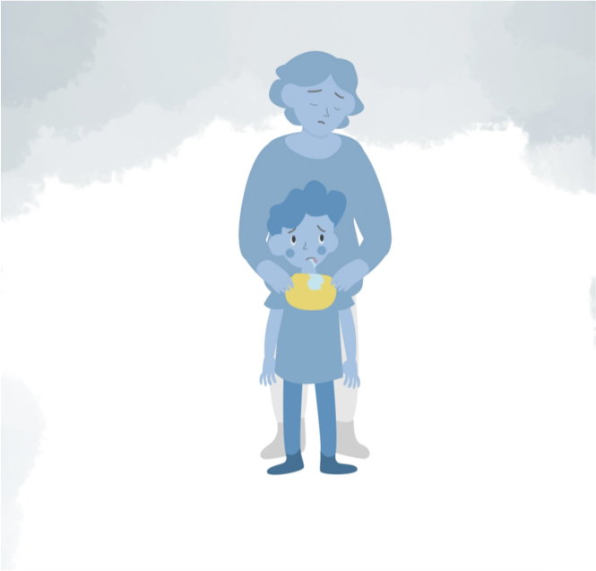 cartoon sad mother and drooling child amongst grey clouds