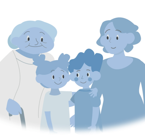 cartoon family of children, parent or carer and grandparent all smiling