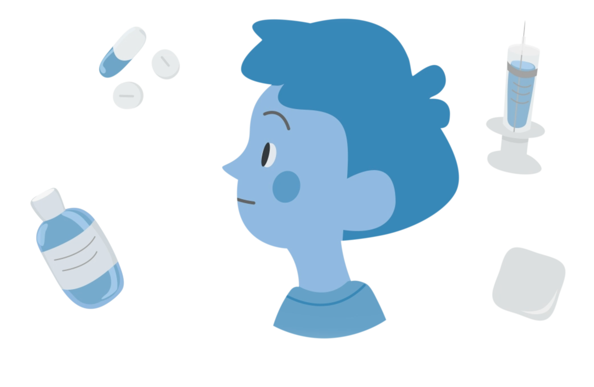 cartoon blue boy surrounded by medication to depict treatment options including a bottle, tables, injection and patch