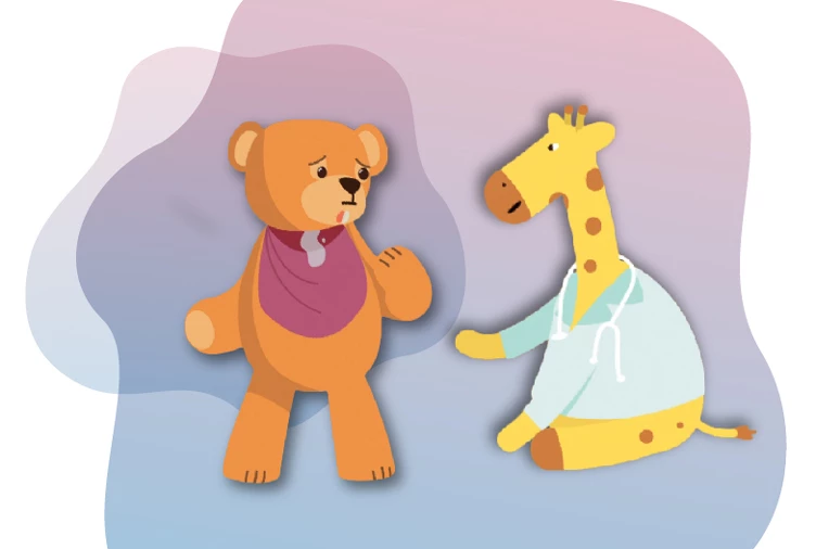 drooling teddy bear and giraffe toy dressed as doctor