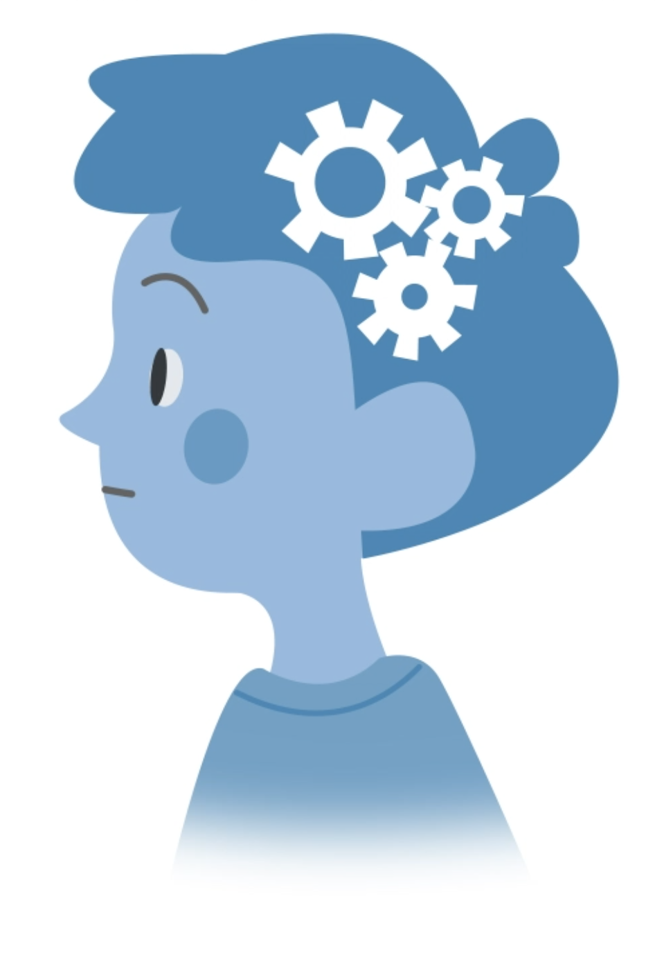 cartoon blue boy visualised with white cogs in his head