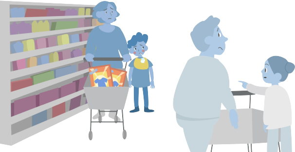 cartoon mother and drooling child wearing bib in a supermarket looking embarrassed and being pointed at